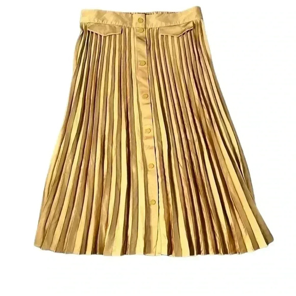Scotch & Soda Pleated Rich Gold Satin Like Snap Button Midi Skirt Size L - Picture 2 of 7